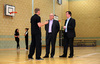 Richard Harris, left, Duncan MacNeil MSP, centre, and Drew Smith MSP in the gym hall at St Maurice's High School in Cumbernauld. 
